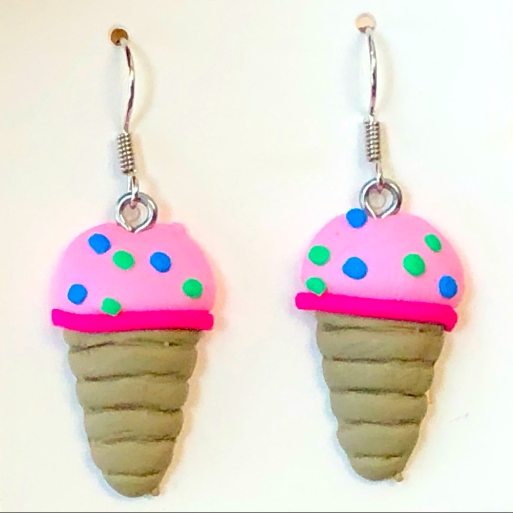 New Fun Ice Cream Cone Earrings Hand Crafted Clay Moulded Sculpted Mini Food